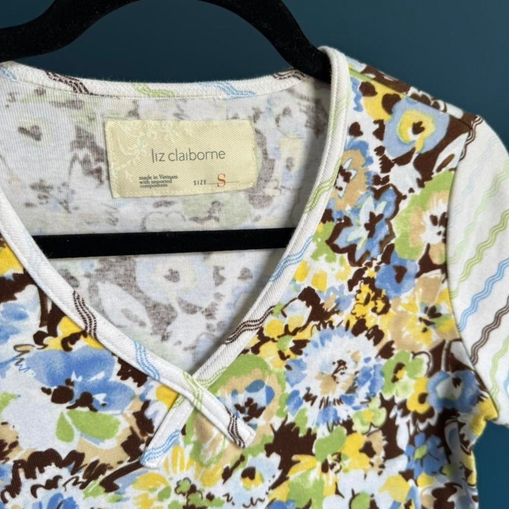 Y2K Floral V Neck Women's Size Small Liz Claiborne Cotton Stripe Yellow Blue - Picture 3 of 8